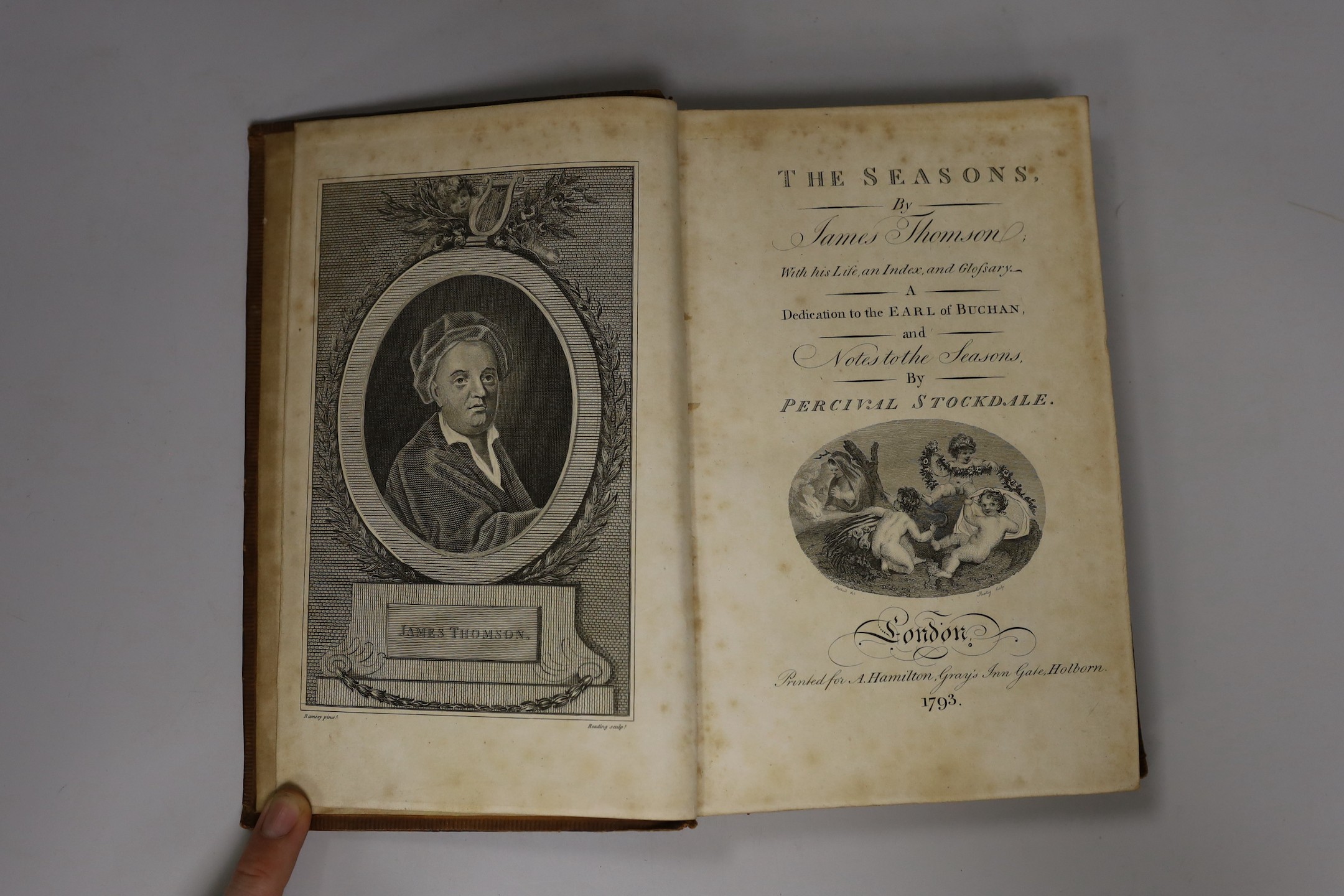 Thomson, James - The Seasons, edited by Percivil Stockdale, qto, calf, with portrait frontispiece, engraved title and 4 plates, browned and spotted throughout, A. Hamilton, London, 1793